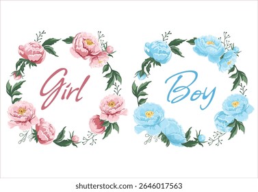 Floral gender reveal design with pink and blue peonies Elegant template for baby shower or boy or girl party celebration card