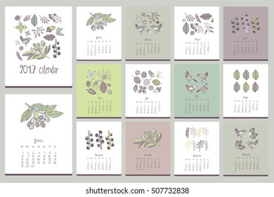 Floral gentle calendar. Hand drawn doodle elements.