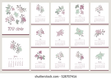 Floral gentle calendar. Hand drawn doodle elements.