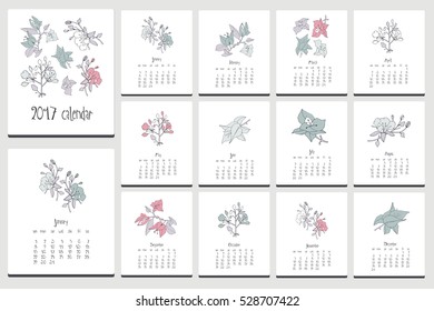 Floral gentle calendar. Hand drawn doodle elements.