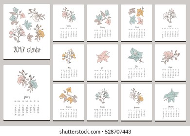 Floral gentle calendar. Hand drawn doodle elements.
