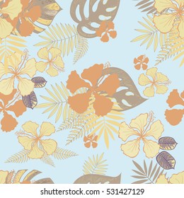 Floral gentle seamless pattern with hibiscus and palm tropical leaves. Pastel colors. Flower background.