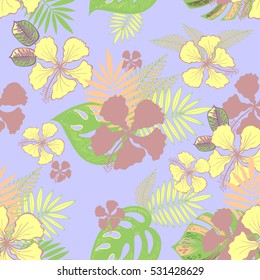 Floral gentle seamless pattern with hibiscus and palm tropical leaves. Pastel colors. Flower background.