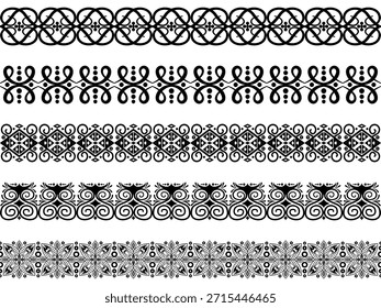 Floral geometric 5 set elements border strip lines.Seamless flower black in white background.Elegant mandala inspired ornamental with symmetry.Design for frame,print,textile,tatoo,embroidery,decorate.