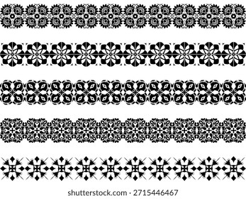 Floral geométrica 5 Elementos set líneas de franja de borde. Flor sin costuras negro en fondo blanco. Elegante mandala inspirado ornamental con simetría. Diseño para marco, impresión, textil, tatuaje, bordado, decorar.