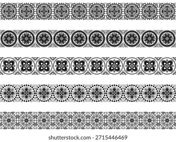 Floral geometric 5 set elements border strip lines.Seamless flower black in white background.Elegant mandala inspired ornamental with symmetry.Design for frame,print,textile,tatoo,embroidery,decorate.