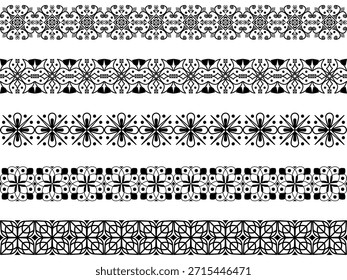 Floral geometric 5 set elements border strip lines.Seamless flower black in white background.Elegant mandala inspired ornamental with symmetry.Design for frame,print,textile,tatoo,embroidery,decorate.