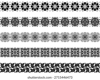 Floral geométrica 5 Elementos set líneas de franja de borde. Flor sin costuras negro en fondo blanco. Elegante mandala inspirado ornamental con simetría. Diseño para marco, impresión, textil, tatuaje, bordado, decorar.