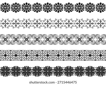Floral geométrica 5 Elementos set líneas de franja de borde. Flor sin costuras negro en fondo blanco. Elegante mandala inspirado ornamental con simetría. Diseño para marco, impresión, textil, tatuaje, bordado, decorar.