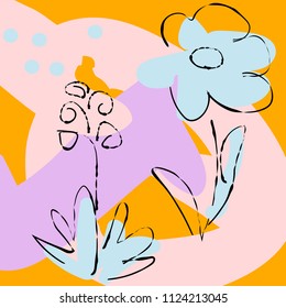 Floral and geometric background with doodle, pop art, memphis elements. Hand drawn natural illustration. Abstract summer paint.