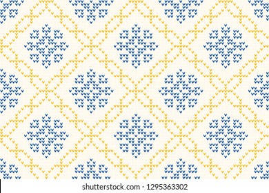 Floral geometric background elegant seamless diamond tile flower shapes pattern abstract fabric print classy contrast colours graphic style. Casual repeating textile design, blue, white, gold colors.