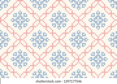 Floral geometric background elegant seamless diamond tile flower shape pattern abstract fabric print classy contrast colours graphic style. Casual repeating textile design, blue, white, pink red color