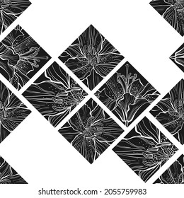 Floral geometric background with lily flowers on white. Abstract seamless pattern. Vector. Black and white.