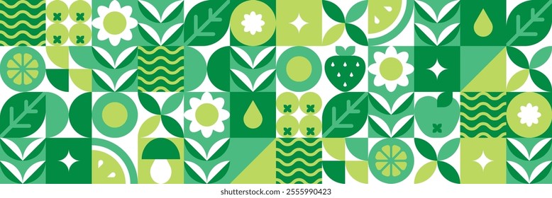 Floral geometric background.Abstract nature.Leaves, flowers, fruits and berries.Set of icons in flat style.Seamless pattern.Bauhaus design.Organic vegetarian food.Vector botanical illustration. 