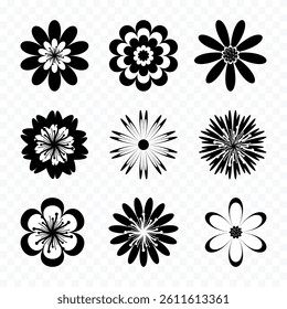 Floral geometric black and white collection, botanical flower icons set, creative design.