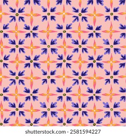 Floral geometric checkered seamless pattern. Decorative flowers Simple texture in hand-drawn style