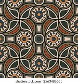 Floral and geometric elements in an intricate, ethnic contemporary design. Retro vintage style. Seamless repeating pattern. Abstract vector illustration. 