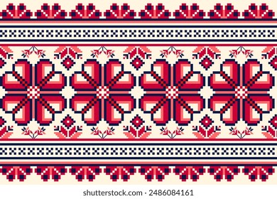 Floral geometric ethnic oriental seamless pattern traditional. Red Flower in cream background.Aztec style abstract vector illustration.design for background,texture,fabric,clothing,wrapping,carpet