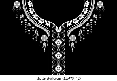 Floral geometric ethnic traditional orientation design for background, wallpaper, collars shirt, shirts, blouses, T-shirts, and clothing. Ethnic antique neckline design for print. Floral neckline.