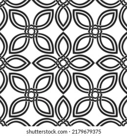 Floral geometric line seamless pattern in celtic style. Stylish ornamental monochrome background with flower petals