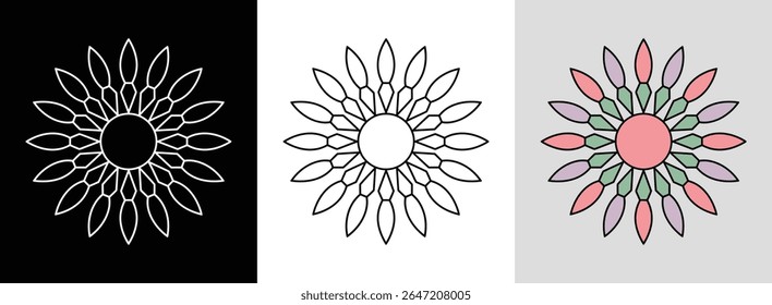 Floral geometric mandala with symmetrical outlines and pastel color fill for soft decor.