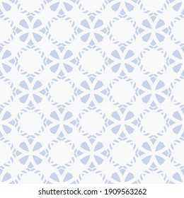 Floral geometric ornament. Vector seamless pattern with flower silhouettes, diamonds, grid, lattice. Subtle abstract light blue and white ornamental background texture. Repeat design for decor, print