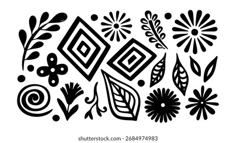 Blumen- und geometrische Muster in Schwarz-Weiß schaffen ein dekoratives Design.