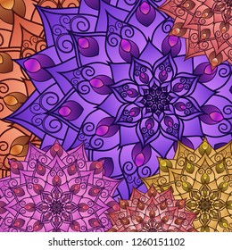 Floral geometric pattern of drawing mandala. Bright decorative multicolored background for your design. For fabric, bandanas, pillowcases with a print. Vector graphics