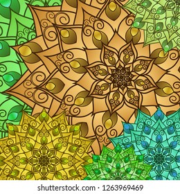 Floral geometric pattern of drawing mandala. Bright decorative multicolored background for your design. For fabric, bandanas, pillowcases with a print. Vector graphics