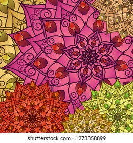Floral geometric pattern of drawing mandala. Bright decorative multicolored background for your design. For fabric, bandanas, pillowcases with a print. Vector graphics