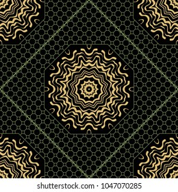 Floral Geometric Pattern with hand-drawing Mandala. Vector illustration. For fabric, textile, bandana, scarg, print.