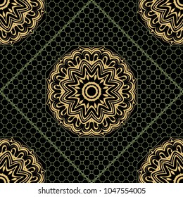 Floral Geometric Pattern with hand-drawing Mandala. Vector illustration. For fabric, textile, bandana, scarg, print.