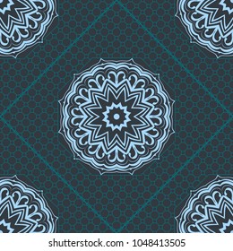 Floral Geometric Pattern with hand-drawing Mandala. Vector illustration. For fabric, textile, bandana, scarg, print.