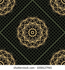 Floral Geometric Pattern with hand-drawing Mandala. Vector illustration. For fabric, textile, bandana, scarg, print.