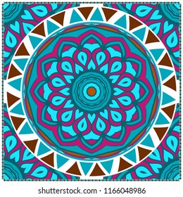 Floral Geometric Pattern with hand-drawing Mandala. illustration. For fabric, textile, bandana, pillowcarpet print
