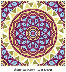 Floral Geometric Pattern with hand-drawing Mandala. illustration. For fabric, textile, bandana, pillowcarpet print