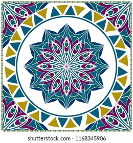 Floral Geometric Pattern with hand-drawing Mandala. illustration. For fabric, textile, bandana, pillowcarpet print