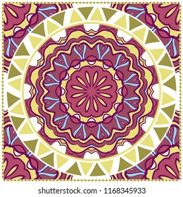 Floral Geometric Pattern with hand-drawing Mandala. illustration. For fabric, textile, bandana, pillowcarpet print