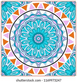 Floral Geometric Pattern with hand-drawing Mandala. illustration. For fabric, textile, bandana, pillowcarpet print