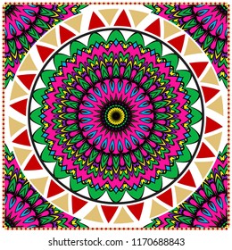 Floral Geometric Pattern with hand-drawing Mandala. illustration. For fabric, textile, bandana, pillowcarpet print.