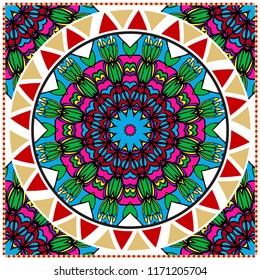 Floral Geometric Pattern with hand-drawing Mandala. illustration. For fabric, textile, bandana, pillowcarpet print.
