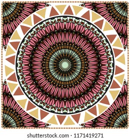 Floral Geometric Pattern with hand-drawing Mandala. illustration. For fabric, textile, bandana, pillowcarpet print.