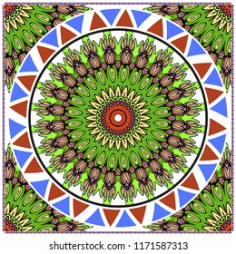 Floral Geometric Pattern with hand-drawing Mandala. illustration. For fabric, textile, bandana, pillowcarpet print.