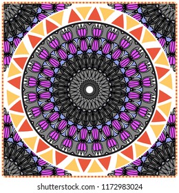 Floral Geometric Pattern with hand-drawing Mandala. illustration. For fabric, textile, bandana, pillowcarpet print.