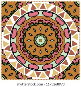 Floral Geometric Pattern with hand-drawing Mandala. illustration. For fabric, textile, bandana, pillowcarpet print.