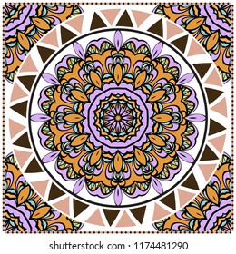 Floral Geometric Pattern with hand-drawing Mandala. illustration. For fabric, textile, bandana, pillowcarpet print.