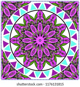 Floral Geometric Pattern with hand-drawing Mandala. illustration. For fabric, textile, bandana, pillowcarpet print.
