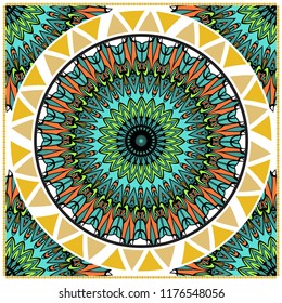 Floral Geometric Pattern with hand-drawing Mandala. illustration. For fabric, textile, bandana, scarg, print.