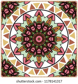 Floral Geometric Pattern with hand-drawing Mandala. illustration. For fabric, textile, bandana, scarg, print.