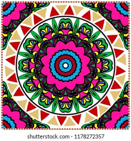 Floral Geometric Pattern with hand-drawing Mandala. illustration. For fabric, textile, bandana, scarg, print.